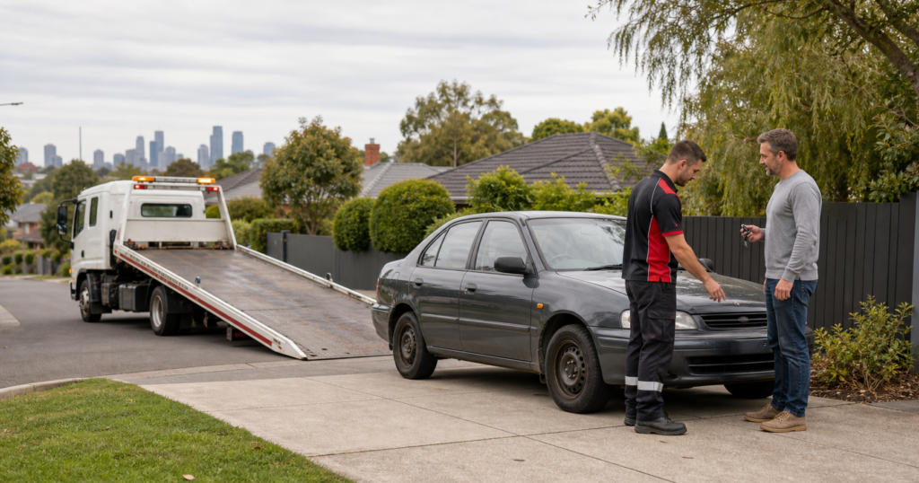 Tow truck preparing to collect a car from a Melbourne driveway